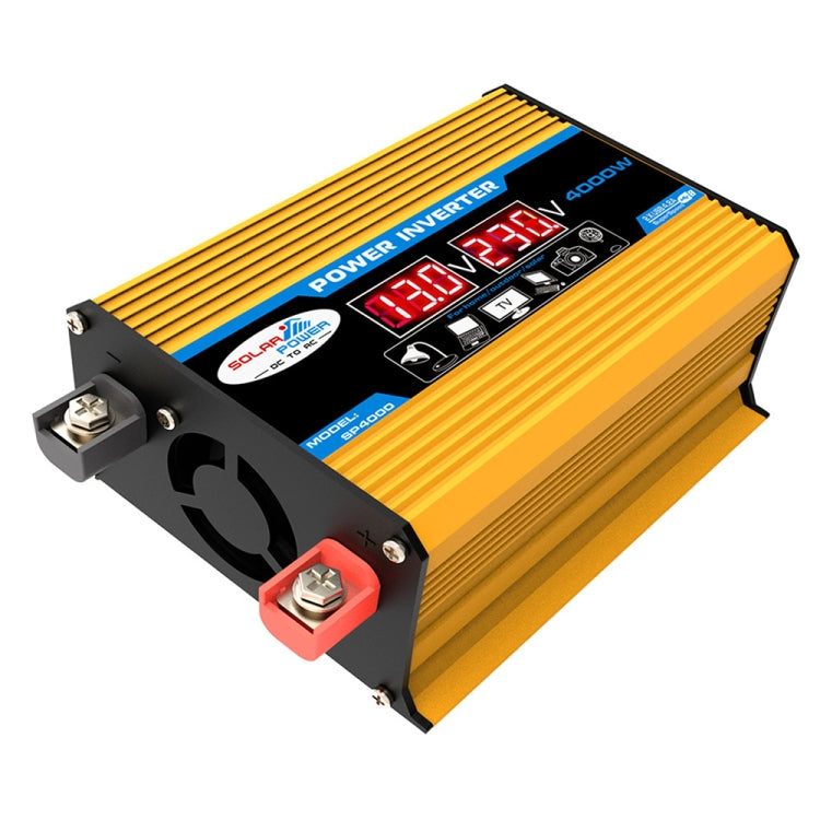 Yellow and black car power inverter with digital display and power outlets