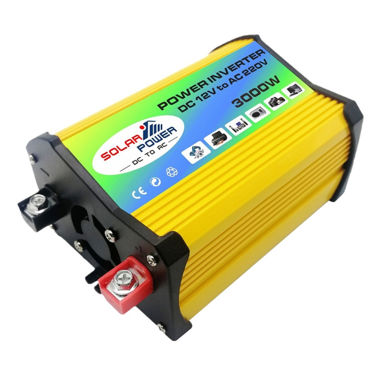 Yellow power inverter with black mounting bracket, screw terminals, and front label panel