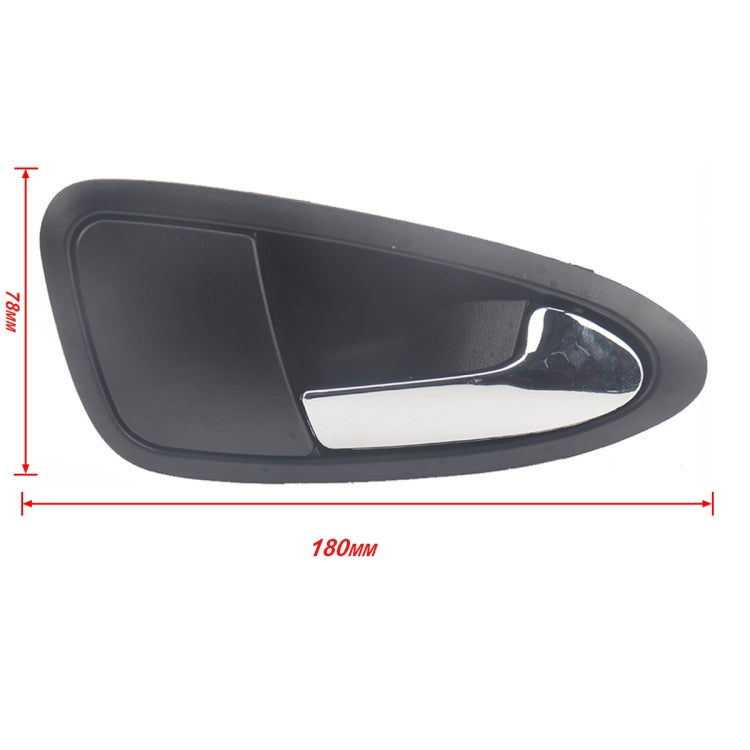 Right-side interior door handle with chrome-trim insert, measured size view