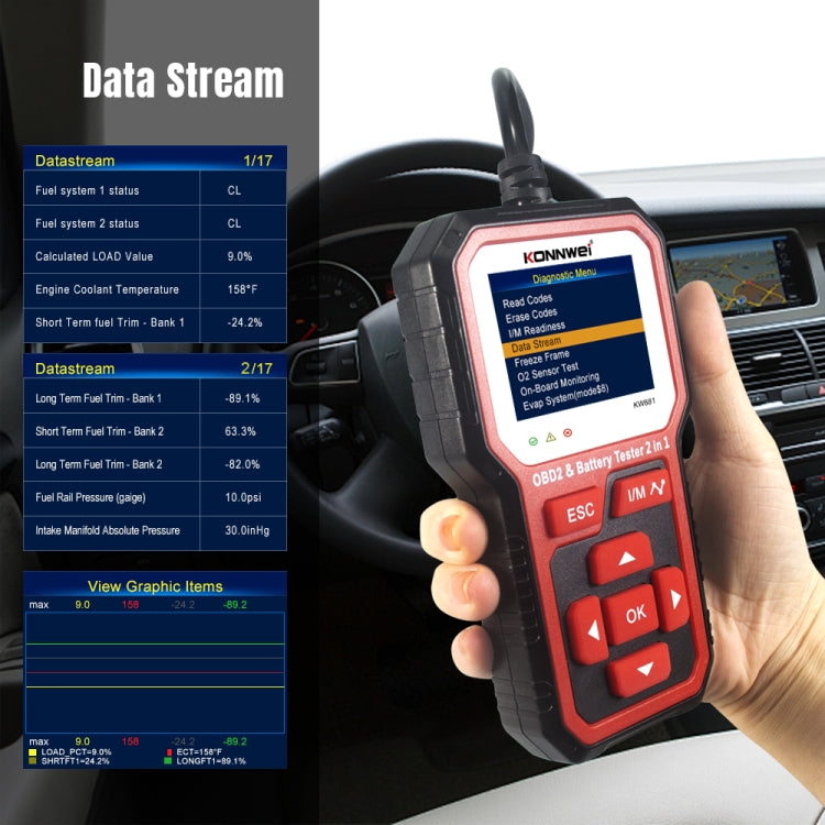 KONNWEI OBD2 & battery tester in hand with data stream screen view