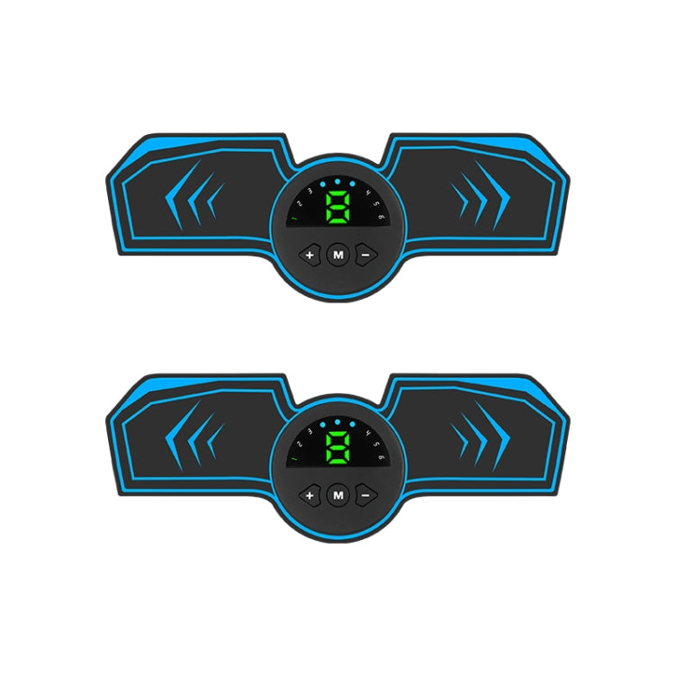 Two arm muscle training stickers with blue circuit bars and round green LED display