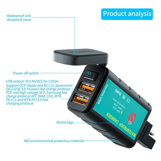 WUPP ZH-1422C3 Motorcycle Square Dual USB Fast Charging Charger with Switch + Integrated SAE Socket + 1.4m OT Terminal Cable, ZH-1422C3