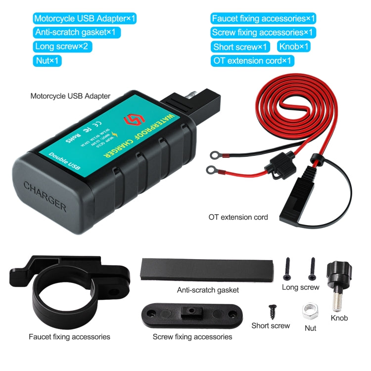 Motorcycle dual USB charger kit with SAE lead, red coiled cable, mounting accessories