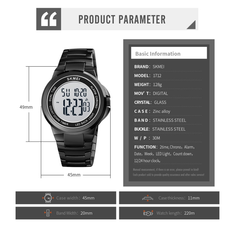 Black digital dual time LED watch with stainless steel band shown with size diagram