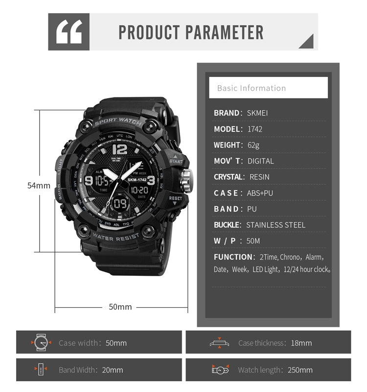 Black digital sports watch product parameter diagram with measurements and case details