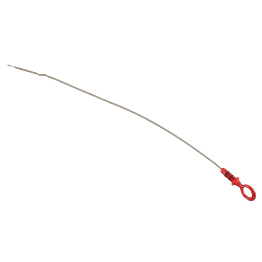 Engine oil dipstick with long metal rod and red loop handle