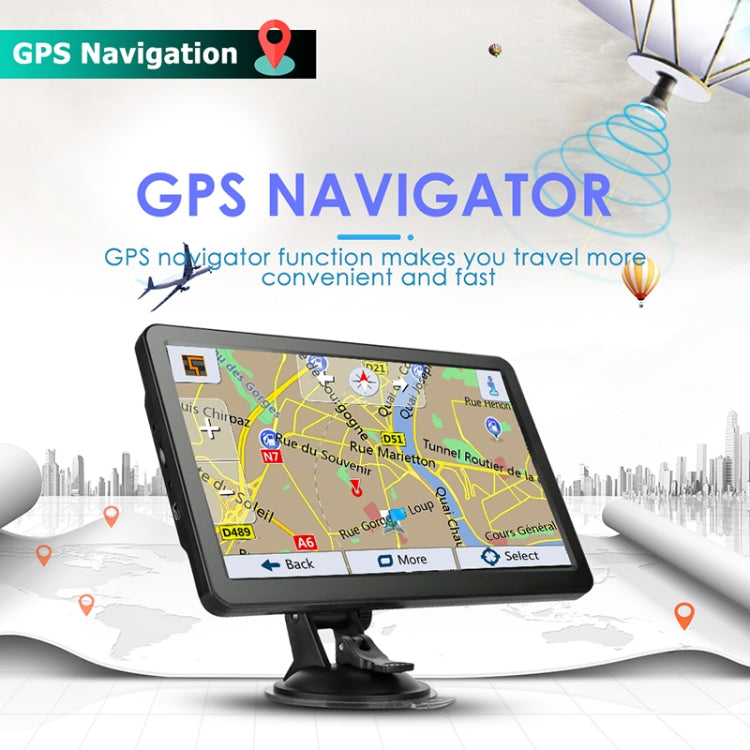 7-inch car GPS navigator on dashboard stand with map screen and route icons