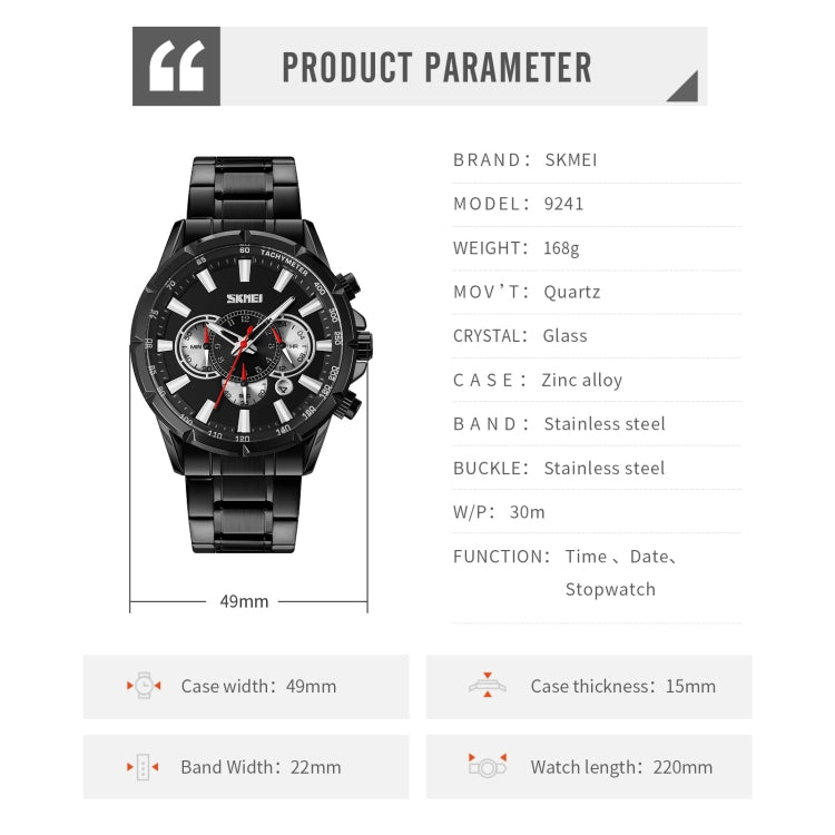 Men's quartz wristwatch with steel link band, black dial, chronograph subdials, date window.