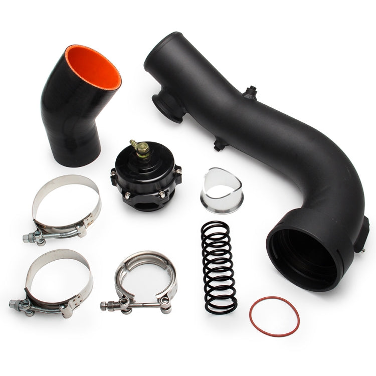 Black turbo intake pipe kit with orange inner couplers, clamps, spring, and hoses