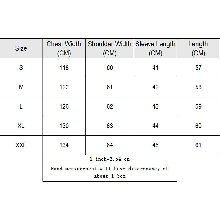 Jacket size chart with chest, shoulder, sleeve length, and overall length in cm.