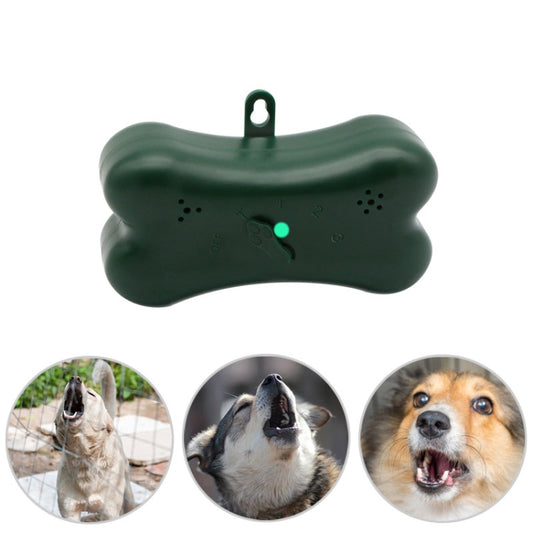 Ultrasonic dog bark stop device, dark green body with glowing center LED