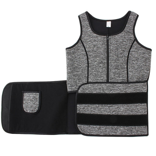 Gray neoprene shapewear vest with black waist band and zipper front