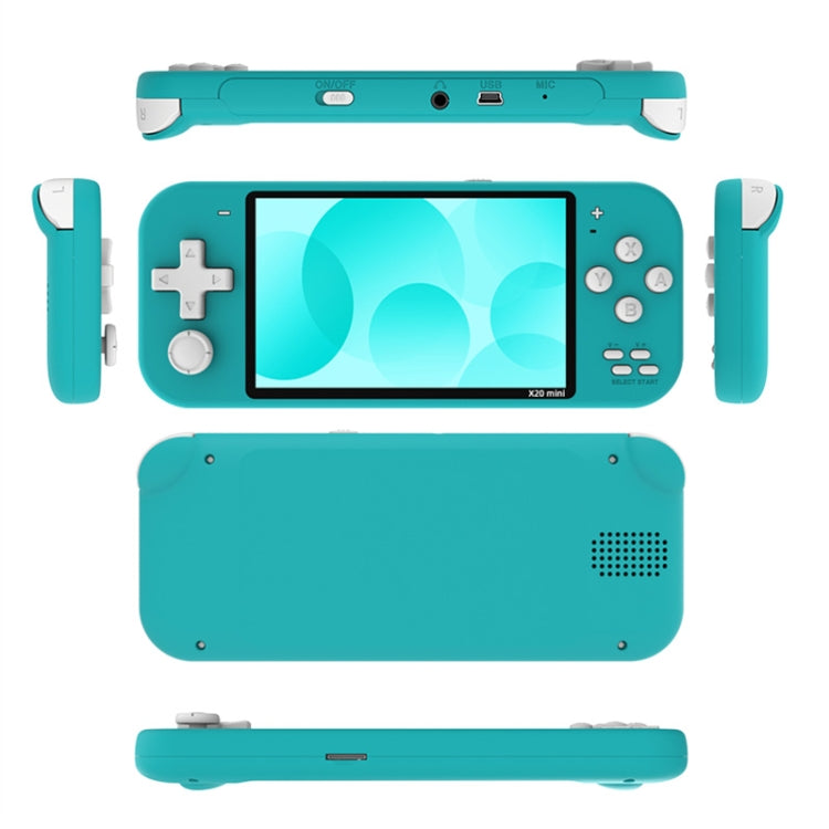 Teal handheld game console with 4.3-inch screen, buttons and rear speaker grille