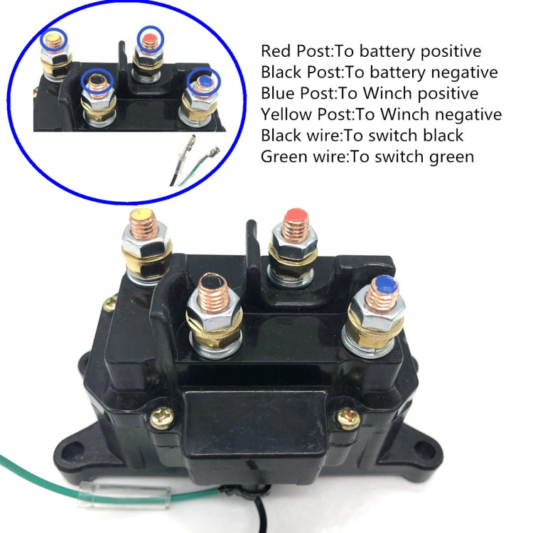 Black winch relay contactor with multiple stud terminals and green wire lead