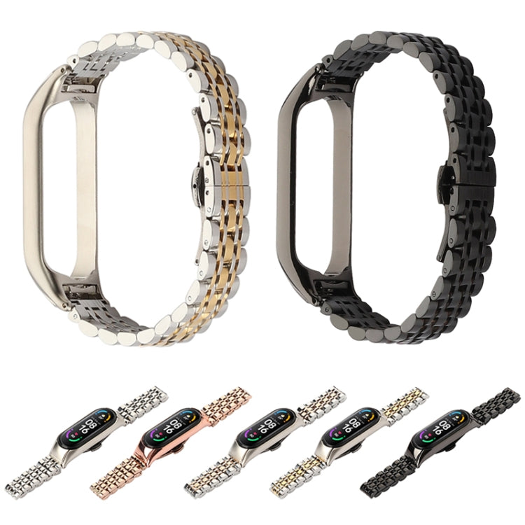 Seven-bead stainless steel watch strap set, multiple colors including black and silver.