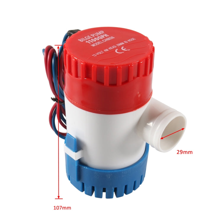 Bilge sump pump with red top, white body, blue base; approx 107mm x 29mm