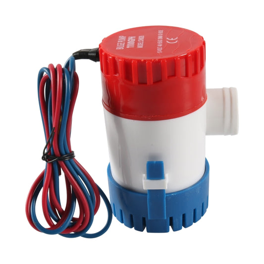 Bilge sump water pump with red top, white body, blue base, side outlet, wiring harness