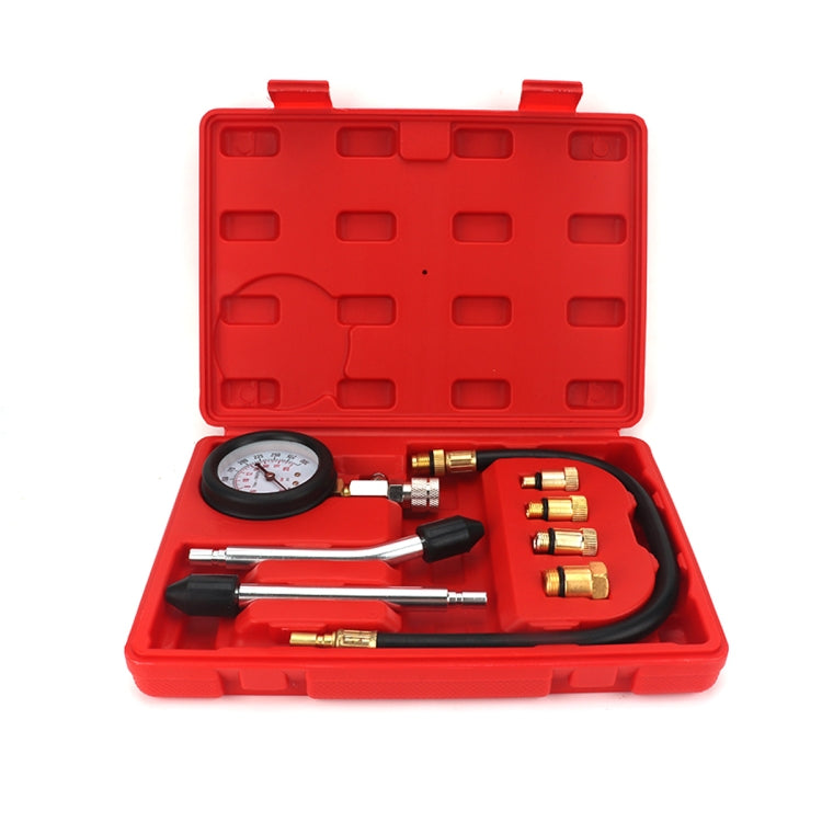Cylinder pressure gauge tool kit with hose and fittings in red plastic case