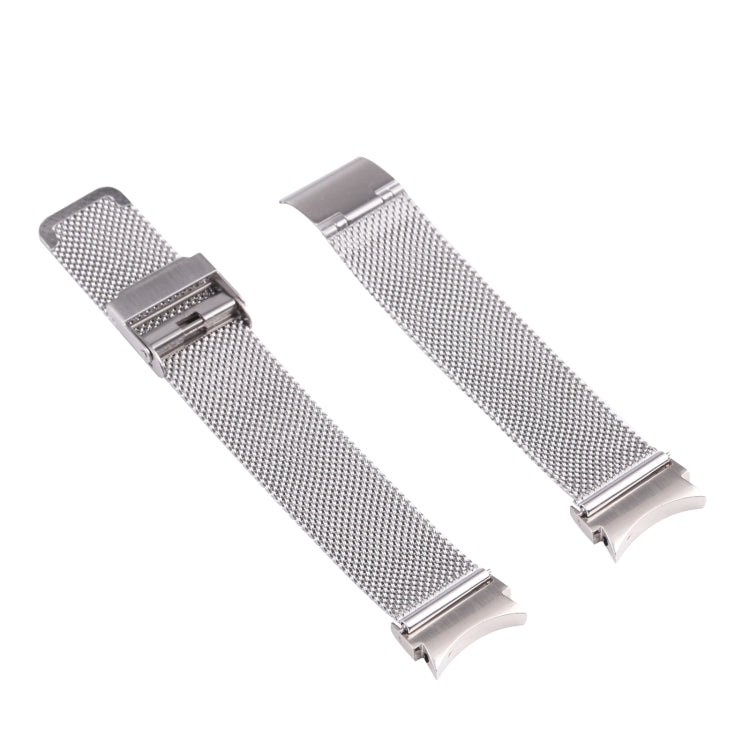 Milanese replacement watch strap with double buckle clasp, silver mesh band