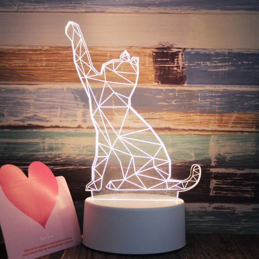 3D LED decorative night light with cat wireframe silhouette on a round base