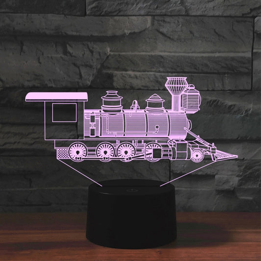 Purple 3D LED locomotive night light with clear outline on a black cylindrical base