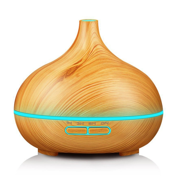 Orange wood-texture aroma humidifier with teal LED ring and front control panel