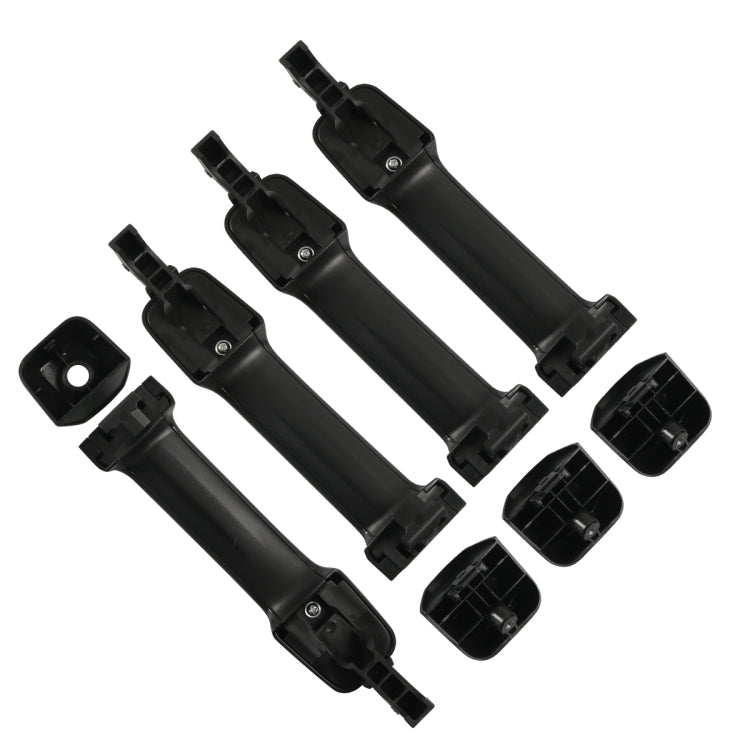 Black exterior door handle set, four handles with side covers and mounting clips