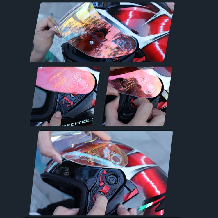 Anti-UV motorcycle helmet visor lens installation, reflective pink-blue tint