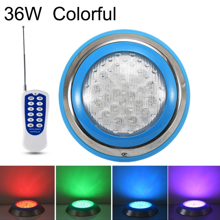 36W LED pool wall light with stainless trim, round lens and controller remote.