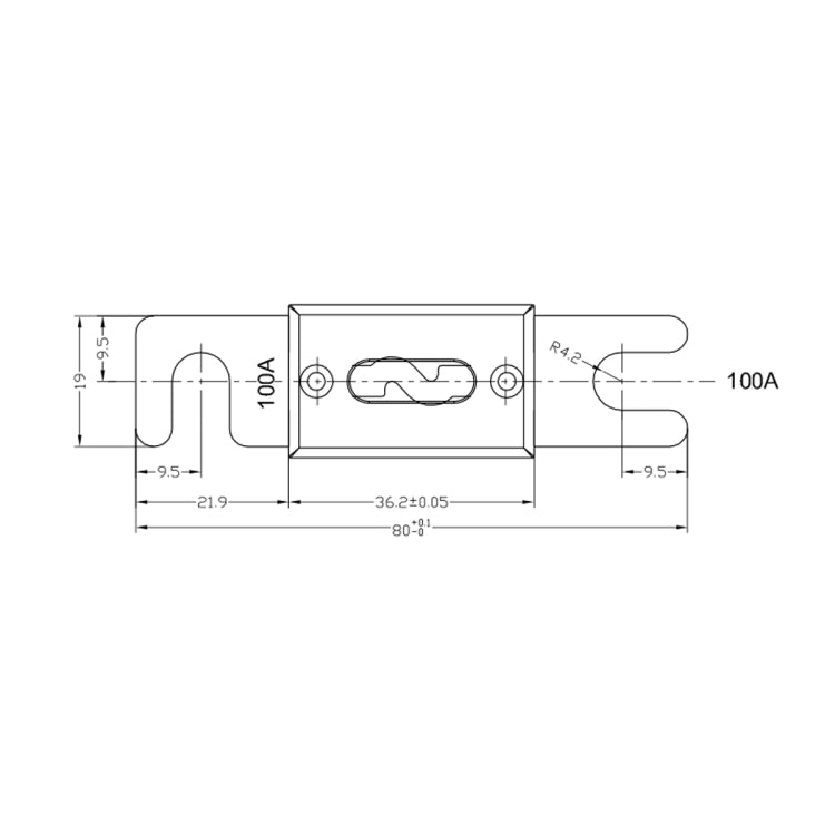ANL 100A fuse link dimensions diagram with labeled terminals and 100A rating