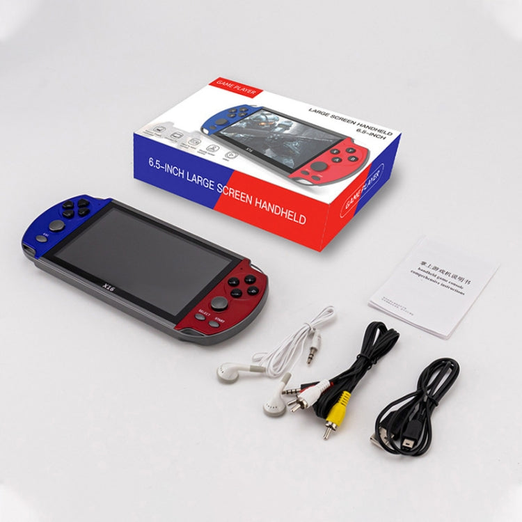 Blue and red handheld game console with 6.5-inch screen, shown with box and cables