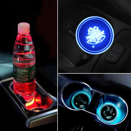 LED car cup holder light ring with glowing holiday pattern in red tones