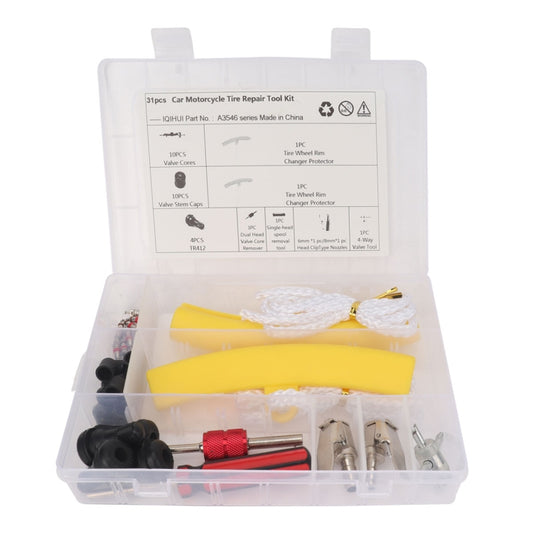 Car tire repair tool kit in clear plastic case with yellow pieces and red accessory
