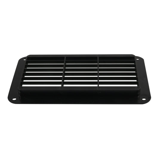 Black louver vent panel with slatted grille and side mounting holes