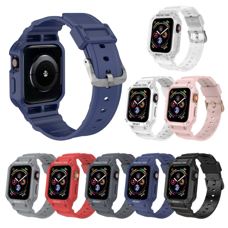 Integrated protective Apple Watch strap set in blue, black, red, white, and pink.