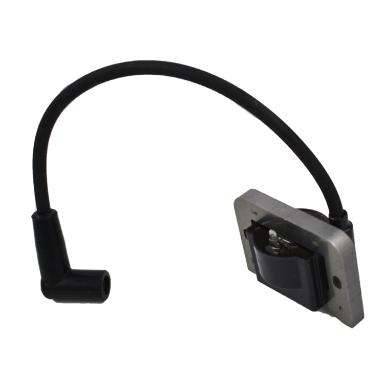Lawn mower ignition coil with black wire and rectangular housing on metal bracket