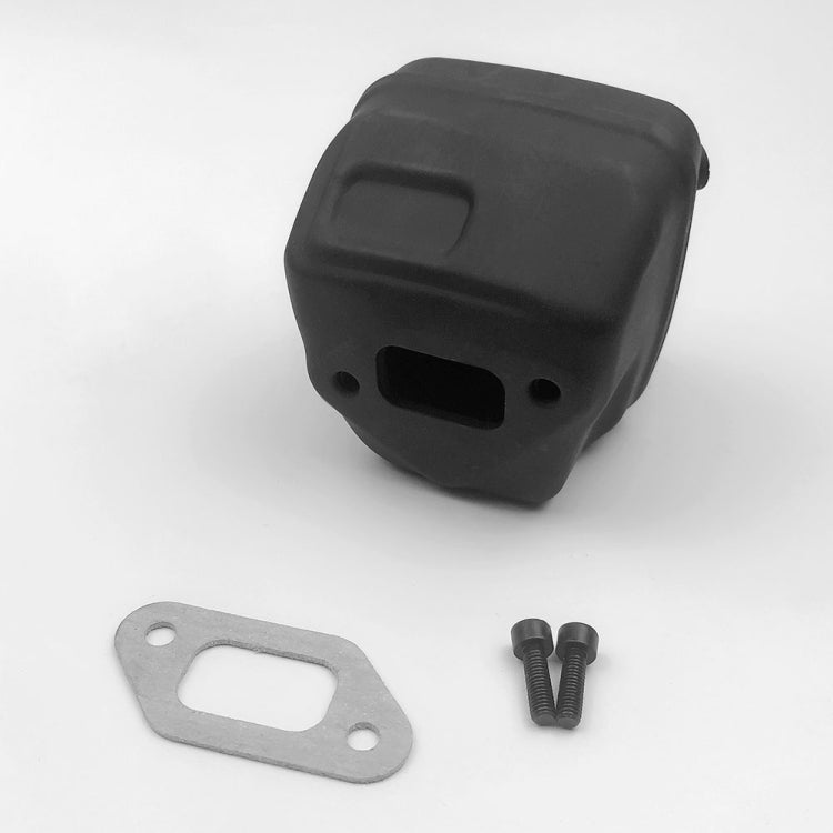 Black muffler cover with rectangular outlet opening, includes metal gasket and two screws