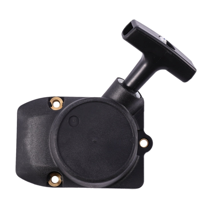 Pull start plate assembly side view with circular pull housing and black handle