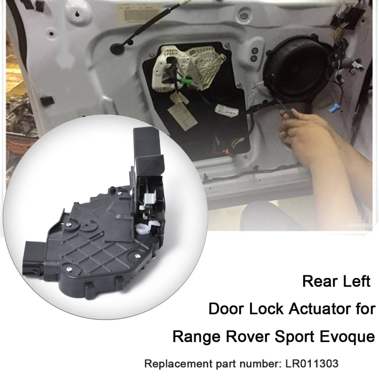 Rear left door lock actuator motor shown in close-up inset with mounting view