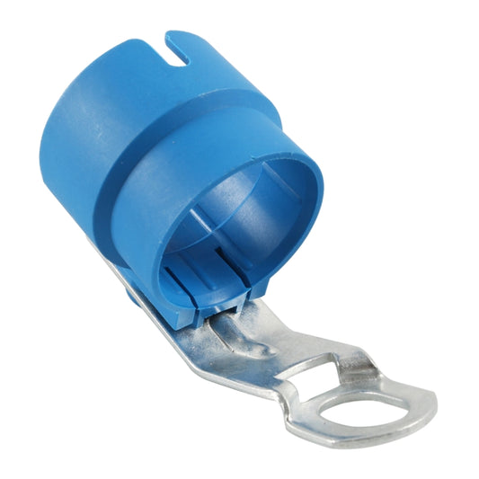 Blue plastic socket retainer with silver metal fork and open mounting slot