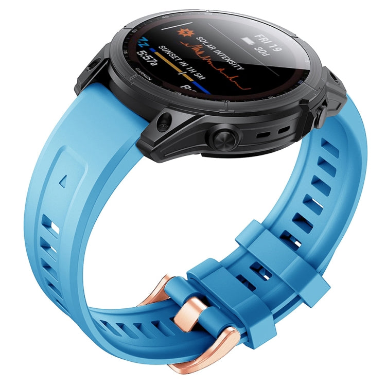 Sky blue silicone watch band with rose-gold buckle, for Garmin smartwatch