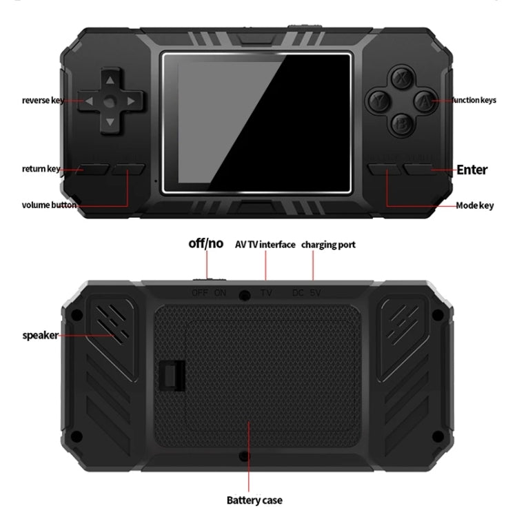 Black handheld game console rear and front ports with speaker grille and battery case