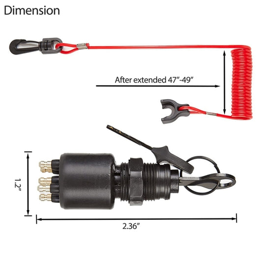 Ignition switch key with lanyard, black starter housing and long red coiled cord