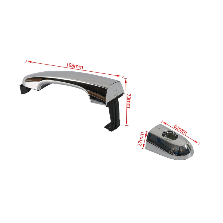 Front left car door outside handle with dimensions shown; chrome lever and chrome end cap
