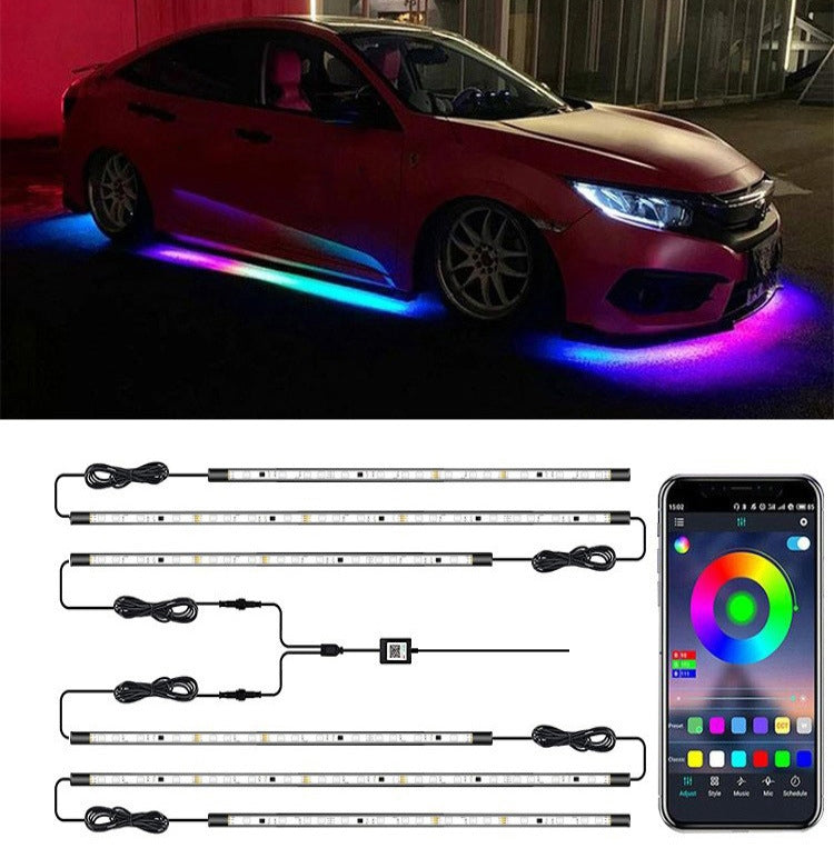 Car LED chassis light kit; multicolor LED strips and phone app display.