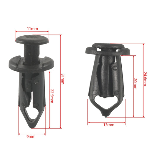 Black push-style bumper clip fastener with dimensions, 1 piece