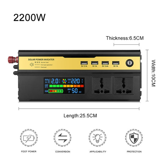 2200W solar inverter size diagram with digital display and front panel controls
