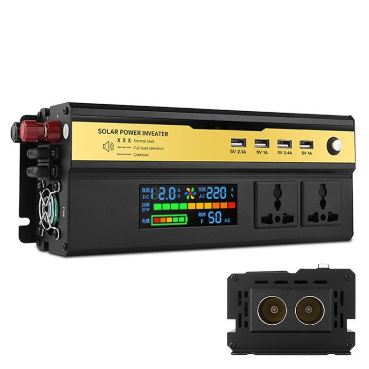 Solar power inverter with digital LCD screen, red DC terminals, and AC outlet block