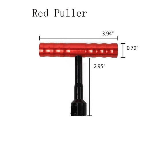Red slide hammer puller with black handle and labeled length dimensions