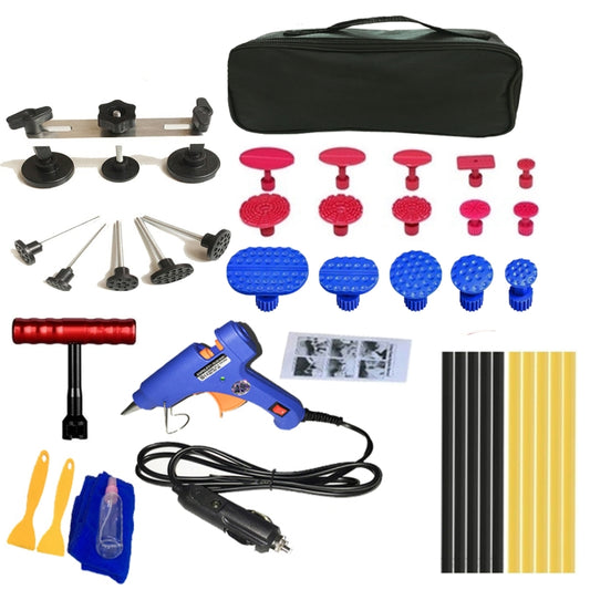 Car paintless dent repair tool set with slide hammer, glue tabs, and storage bag